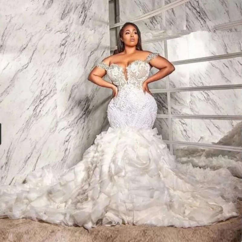 South Africa Luxury Mermaid Wedding Dress with Ruffle 2023 Lace Appliques Crystals Beadings Plus Size Bridal Gowns Custom Made