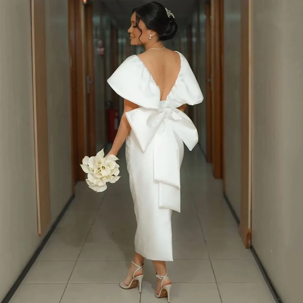 Scoop Neck Wedding Dress Bride Short Sleeve Straight Tea Length Satin with Bow Open Back Customized Bridal Civil Marriage Gowns