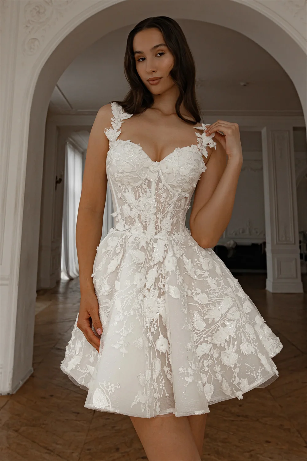 Beautiful Two Straps Sweethat Full 3d Flower Lace Appllque Short/Mini Wedding Dresses Custom Made Bridal Grown Vestido De Noival