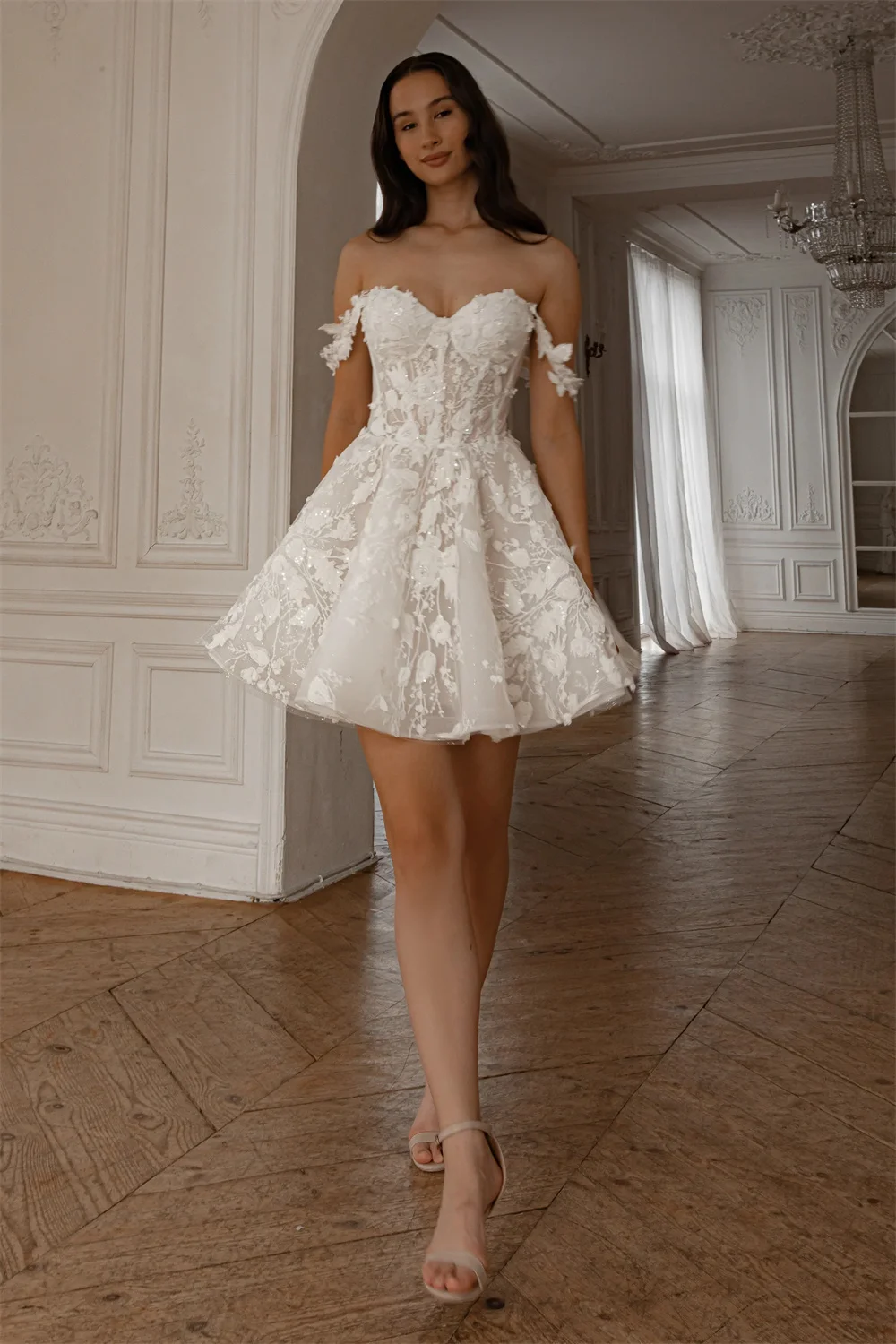 Beautiful Two Straps Sweethat Full 3d Flower Lace Appllque Short/Mini Wedding Dresses Custom Made Bridal Grown Vestido De Noival