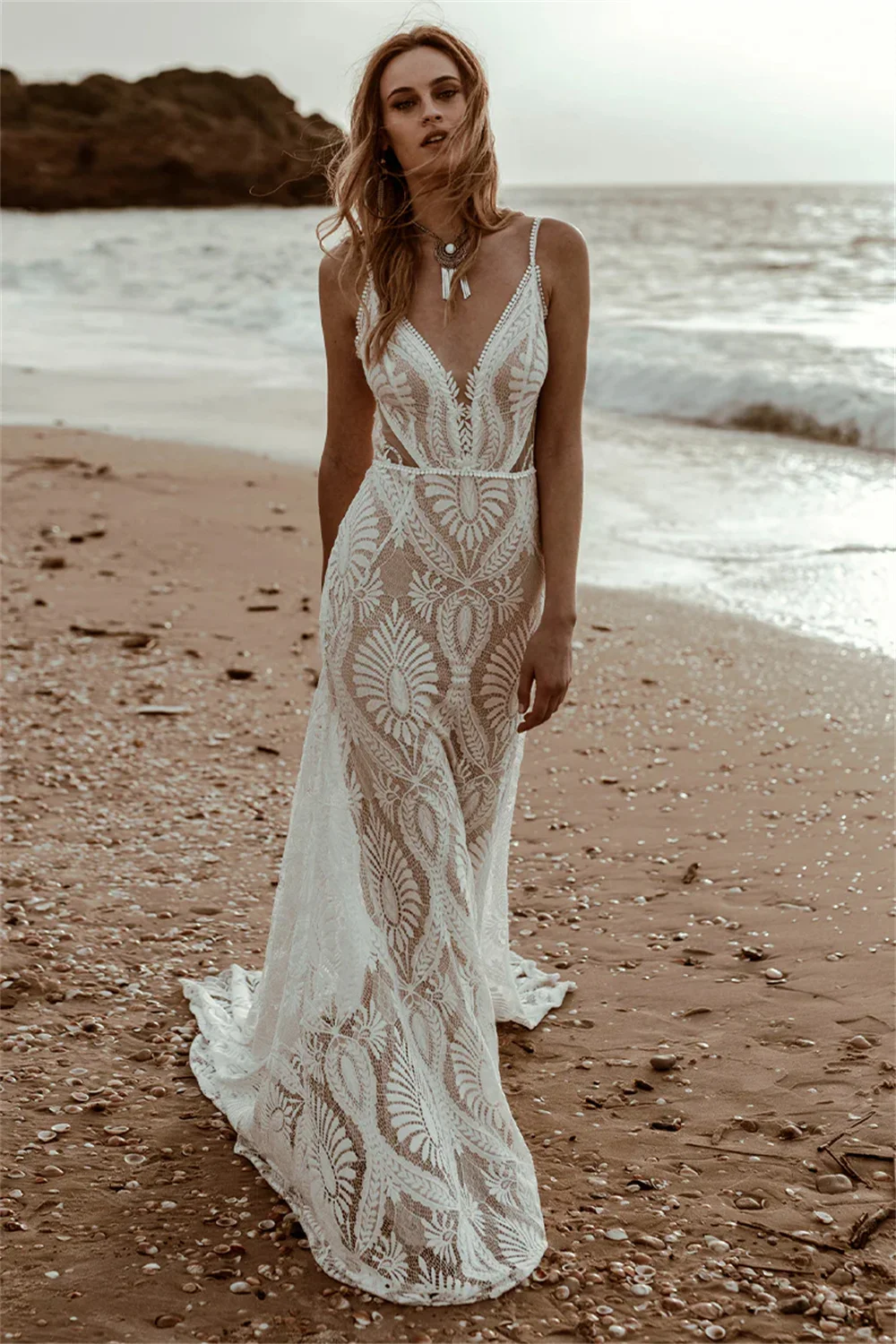 Customized Bohemian Lace Wedding Dress Deep V Neck Mermaid Gown Bridal Dress Sheer Panel Train Wedding Occasion Gown