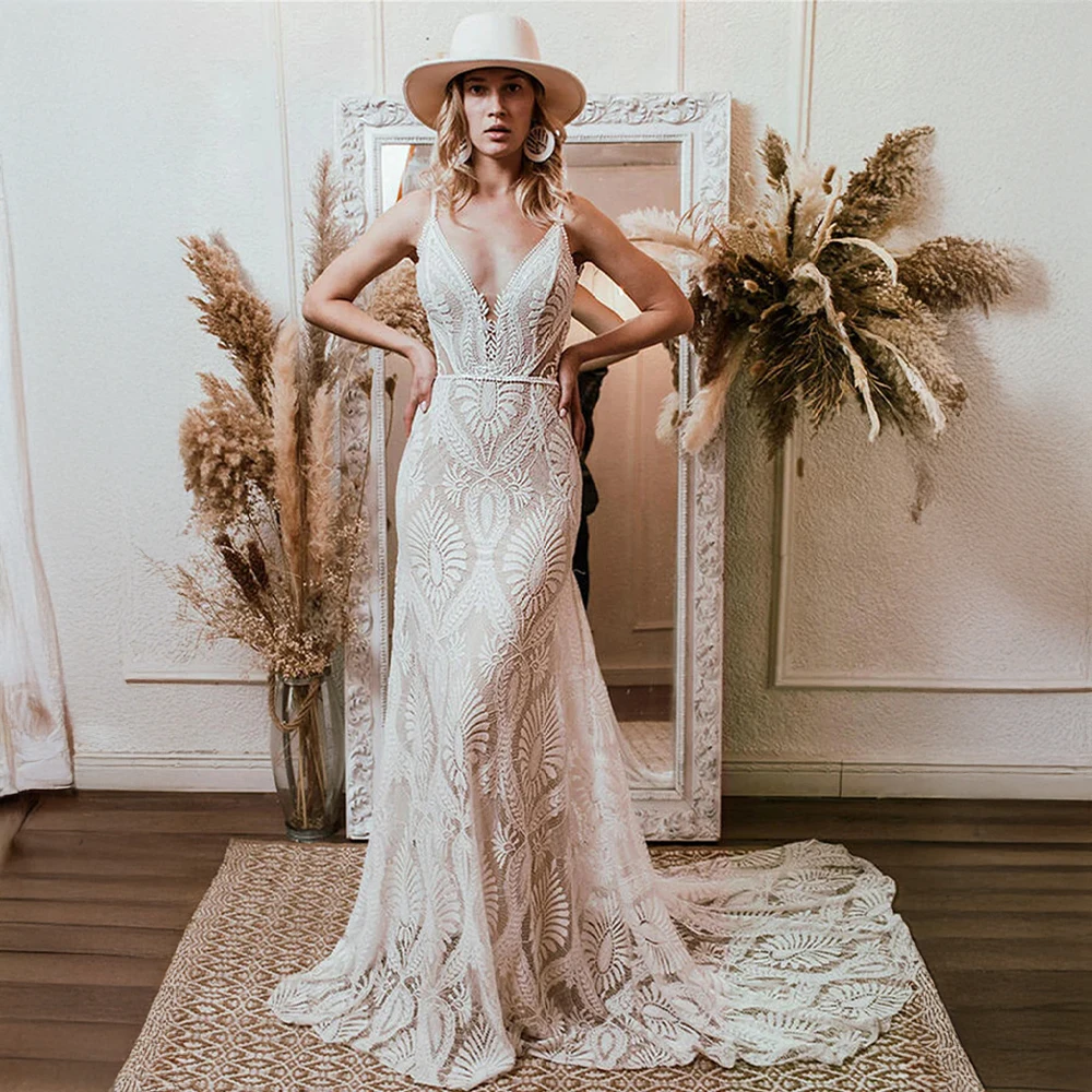 Customized Bohemian Lace Wedding Dress Deep V Neck Mermaid Gown Bridal Dress Sheer Panel Train Wedding Occasion Gown