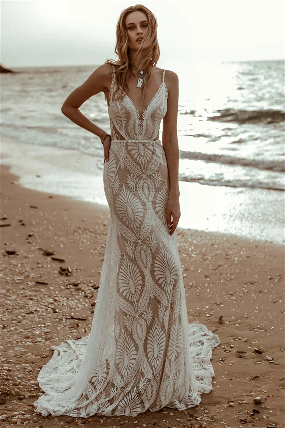Customized Bohemian Lace Wedding Dress Deep V Neck Mermaid Gown Bridal Dress Sheer Panel Train Wedding Occasion Gown