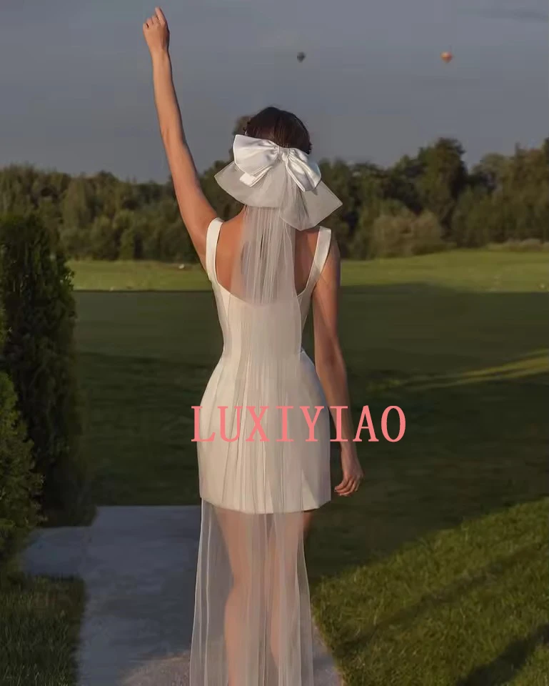 Mini Short Wedding Dresses Square Necking Boning Fitted Bodice Elegant Partys Bride Dresses Vestidos de novia Customized