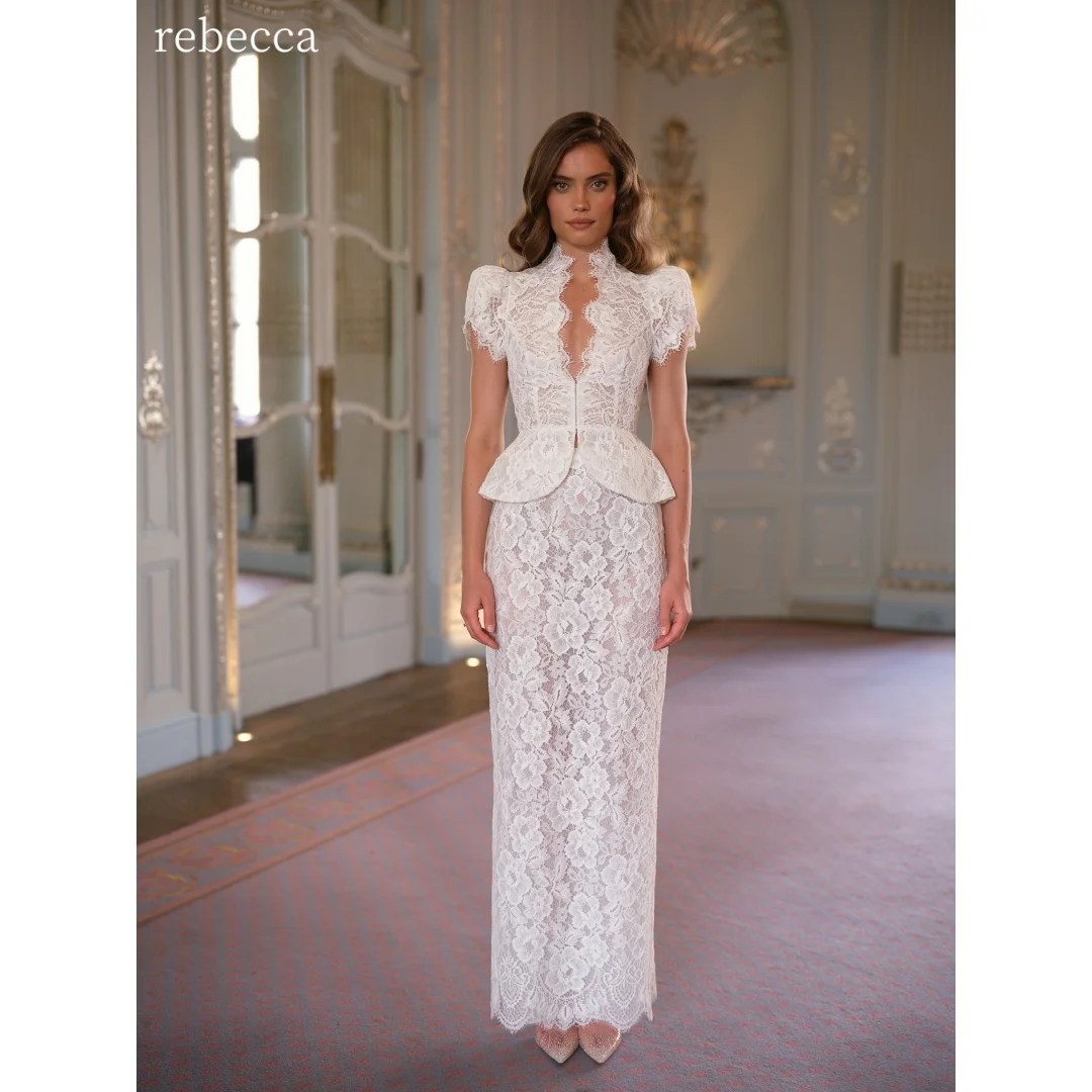 Rebecca Customized High Neck Puff Sleeve Prom Dress Straight floor-length scalloped lace hem vestidos de noche Evening Dresses