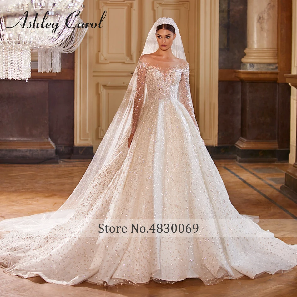 Ashley Carol Luxury Wedding Dresses For Women Real Photos Long Sleeve Princess Sparkling Beaded Bridal Dress Vestidos De Novia