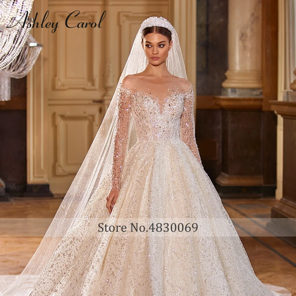 Ashley Carol Luxury Wedding Dresses For Women Real Photos Long Sleeve Princess Sparkling Beaded Bridal Dress Vestidos De Novia