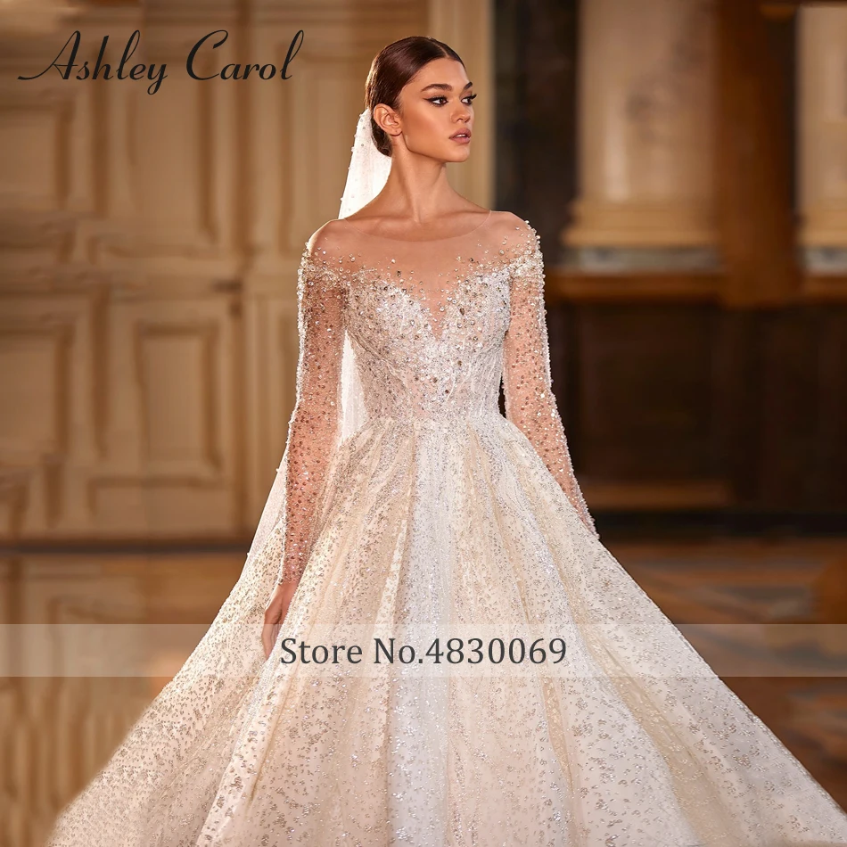 Ashley Carol Luxury Wedding Dresses For Women Real Photos Long Sleeve Princess Sparkling Beaded Bridal Dress Vestidos De Novia
