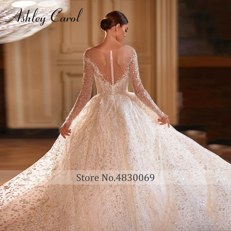 Ashley Carol Luxury Wedding Dresses For Women Real Photos Long Sleeve Princess Sparkling Beaded Bridal Dress Vestidos De Novia