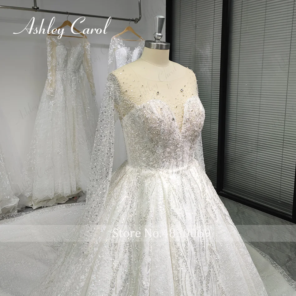 Ashley Carol Luxury Wedding Dresses For Women Real Photos Long Sleeve Princess Sparkling Beaded Bridal Dress Vestidos De Novia