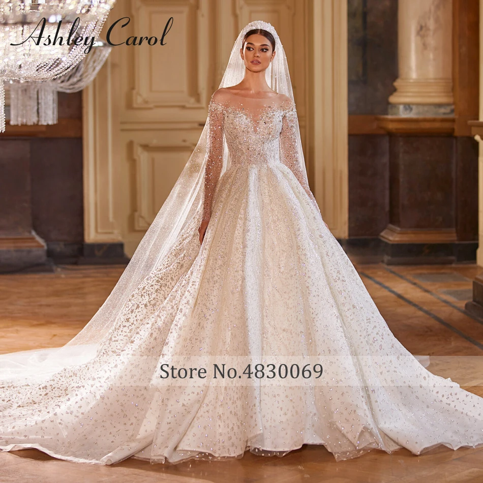 Ashley Carol Luxury Wedding Dresses For Women Real Photos Long Sleeve Princess Sparkling Beaded Bridal Dress Vestidos De Novia