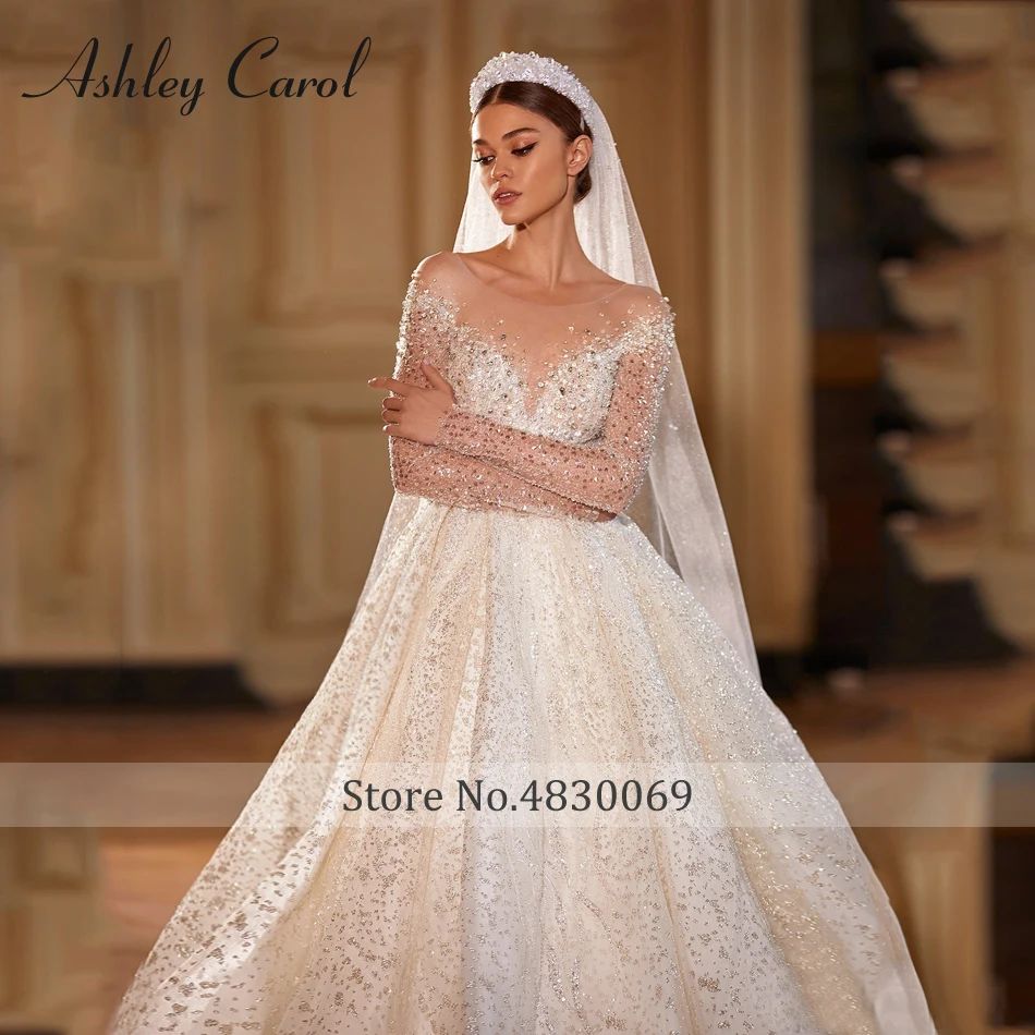 Ashley Carol Luxury Wedding Dresses For Women Real Photos Long Sleeve Princess Sparkling Beaded Bridal Dress Vestidos De Novia