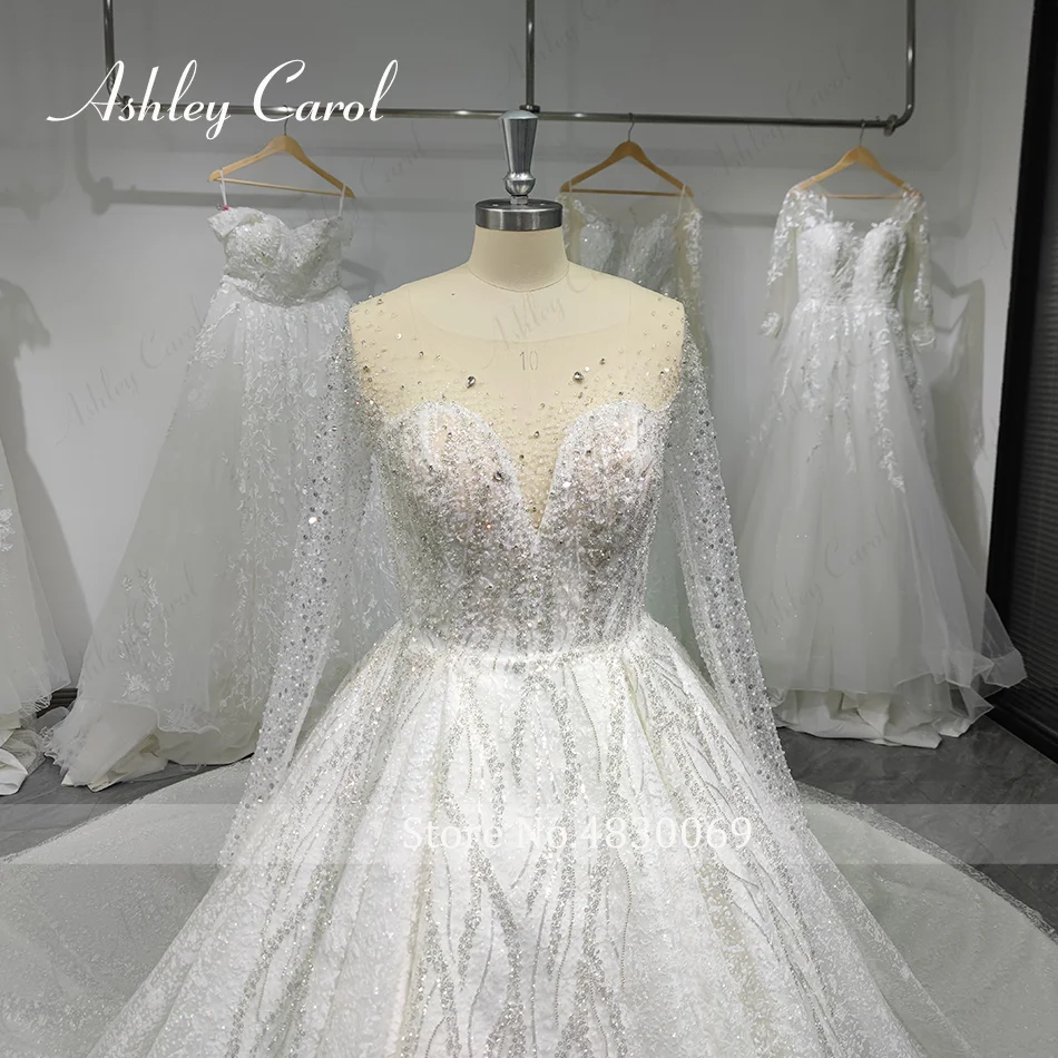 Ashley Carol Luxury Wedding Dresses For Women Real Photos Long Sleeve Princess Sparkling Beaded Bridal Dress Vestidos De Novia