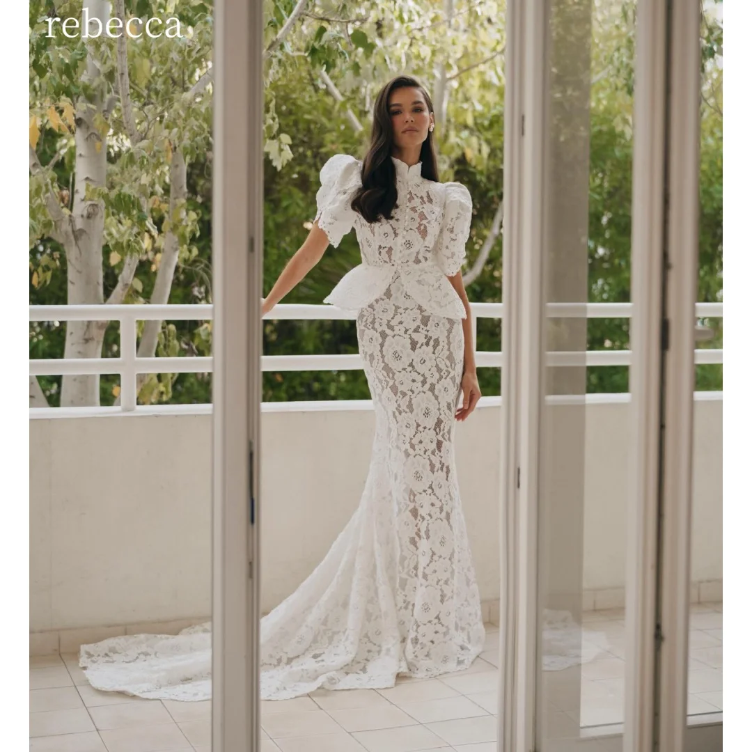 Rebecca Customized High Neck Short Sleeve Prom Dress Lace Mermaid High Waist vestidos de noche Romantic Evening Dresses 2026