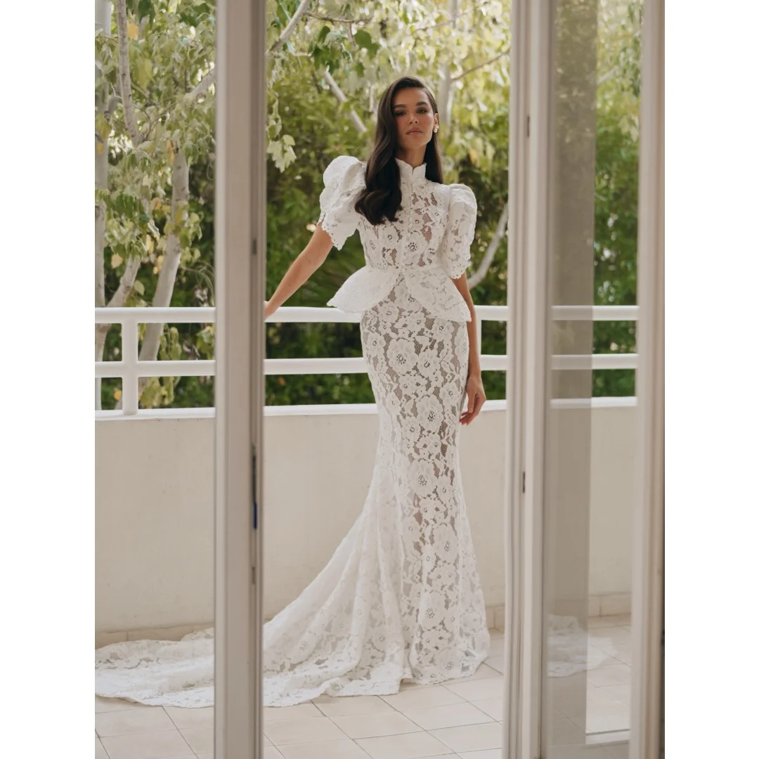 Rebecca Customized High Neck Short Sleeve Prom Dress Lace Mermaid High Waist vestidos de noche Romantic Evening Dresses 2026