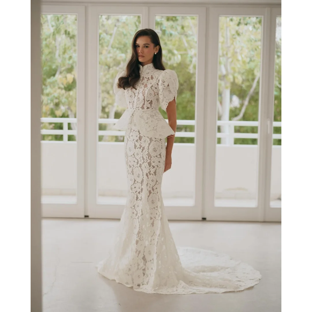 Rebecca Customized High Neck Short Sleeve Prom Dress Lace Mermaid High Waist vestidos de noche Romantic Evening Dresses 2026