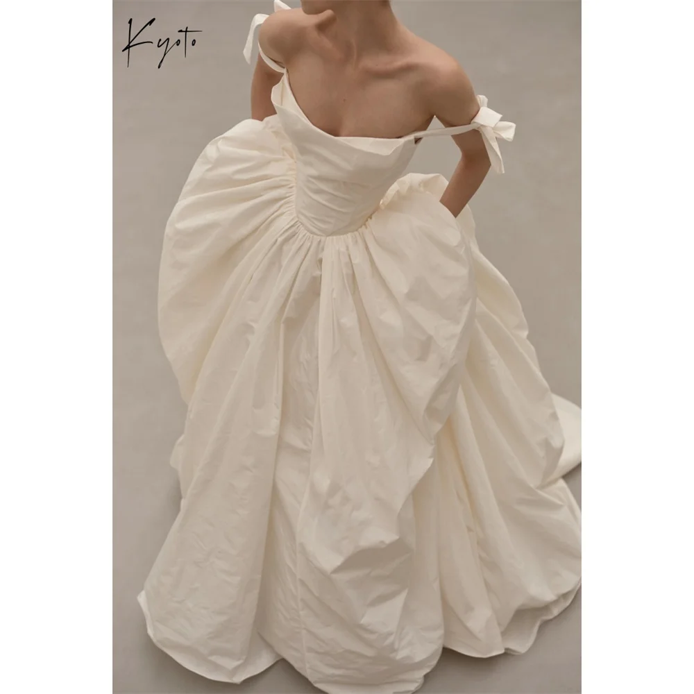 Kyoto Customized White Off Shoulder Satin Wedding Dress Sleeveless vestidos de noche Elegant A-Line Court Train robe de mariée