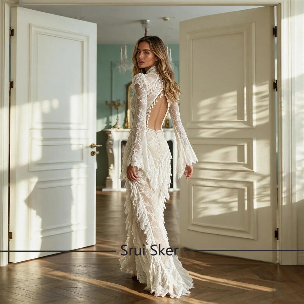 Trendy Lace Mermaid Wedding Dress High Collar Long Sleeves With Tassel Bridal Gown Customized For Women Bridal Photoshoot