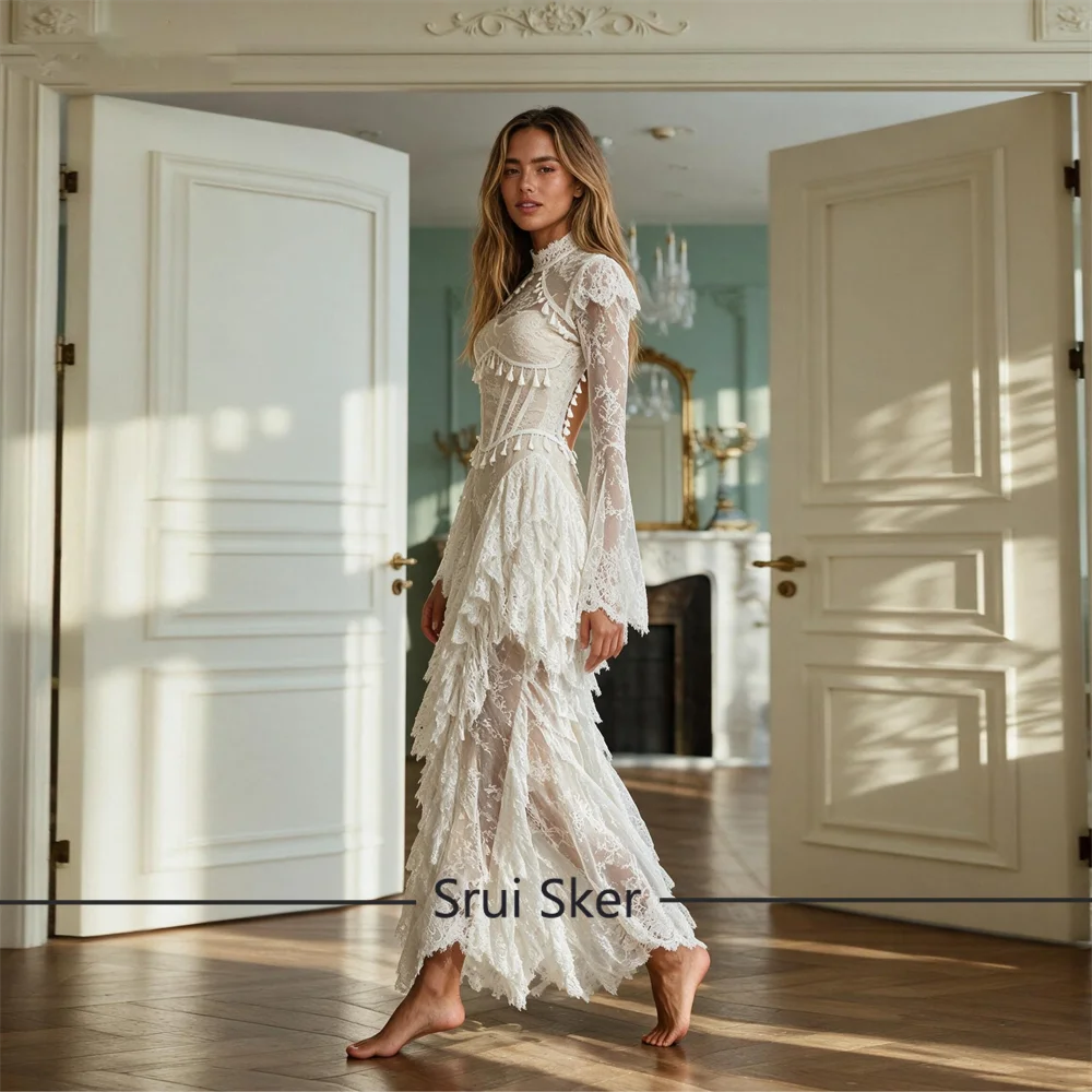 Trendy Lace Mermaid Wedding Dress High Collar Long Sleeves With Tassel Bridal Gown Customized For Women Bridal Photoshoot