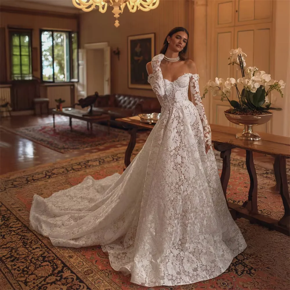 Customized Off-Shoulder Lace Wedding Dress Long Sleeve Sweetheart Bridal Gown with Train Formal Bride Dress for Women