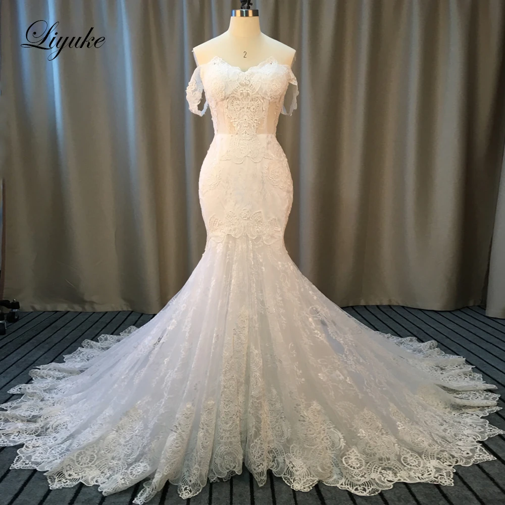 Liyuke Custom Made Luxury Embroidery Mermaid Wedding Dresses Robe De Marriage Removable Train 2 In 1 Lace Trumpet Bridal Gowns