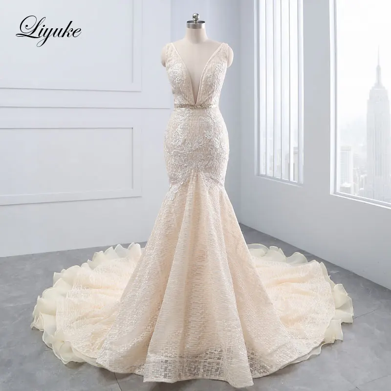 Liyuke Custom Made Luxury Embroidery Mermaid Wedding Dresses Robe De Marriage Removable Train 2 In 1 Lace Trumpet Bridal Gowns