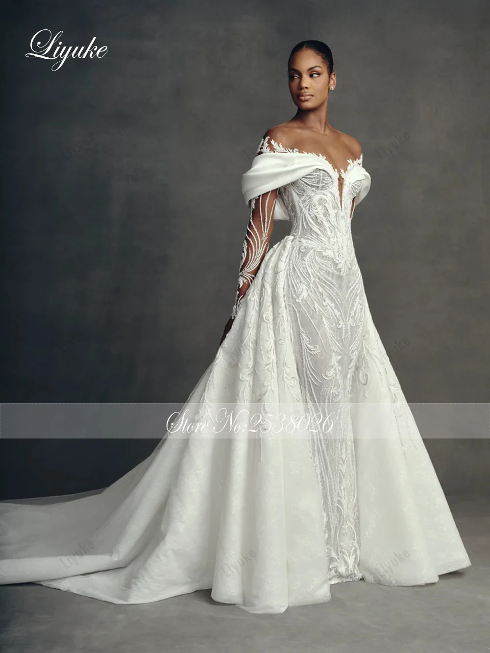 Liyuke Custom Made Luxury Embroidery Mermaid Wedding Dresses Robe De Marriage Removable Train 2 In 1 Lace Trumpet Bridal Gowns