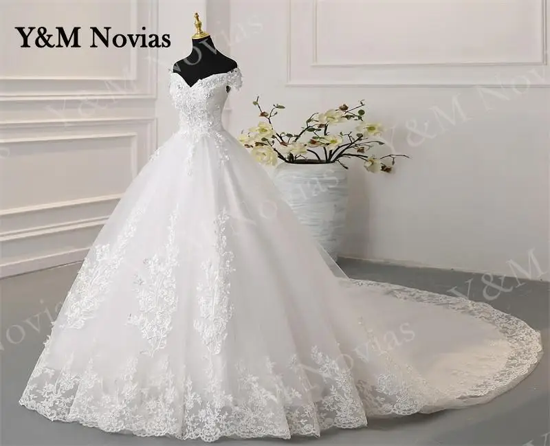 Y&M Novias Off Shoulder Plus Size Vestido De Noiva 2026 New Wedding Dress Train or Floor Customized Large Bridal Tulle Mariage