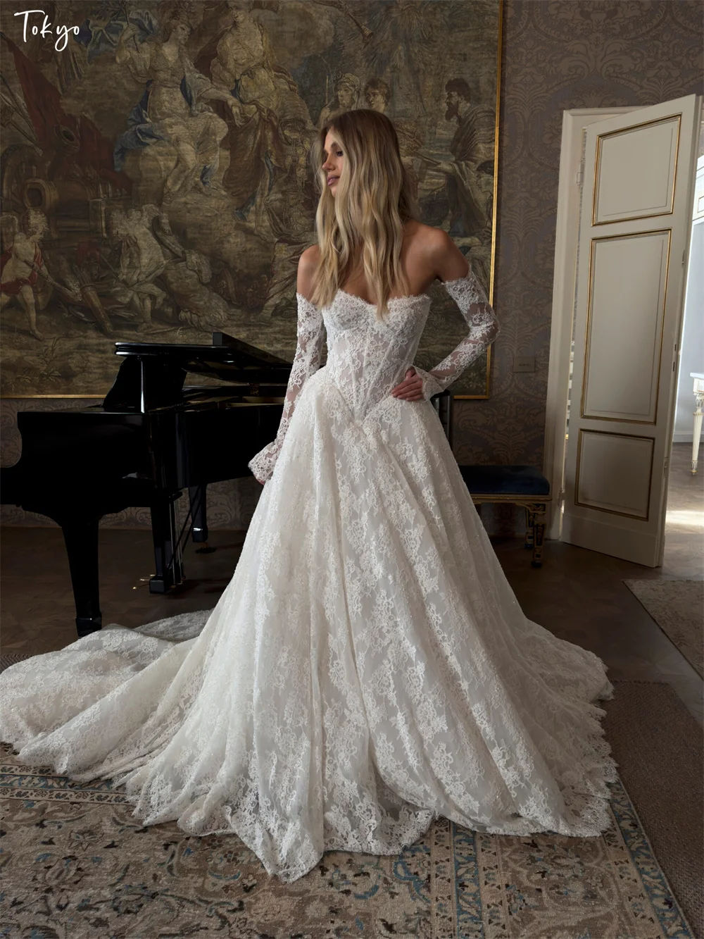 Tokyo Customized White Detachable Sleeves Wedding Dresses Off the Shoulder Lace Bridal Gown Elegant A-Line Wedding Gown 2026