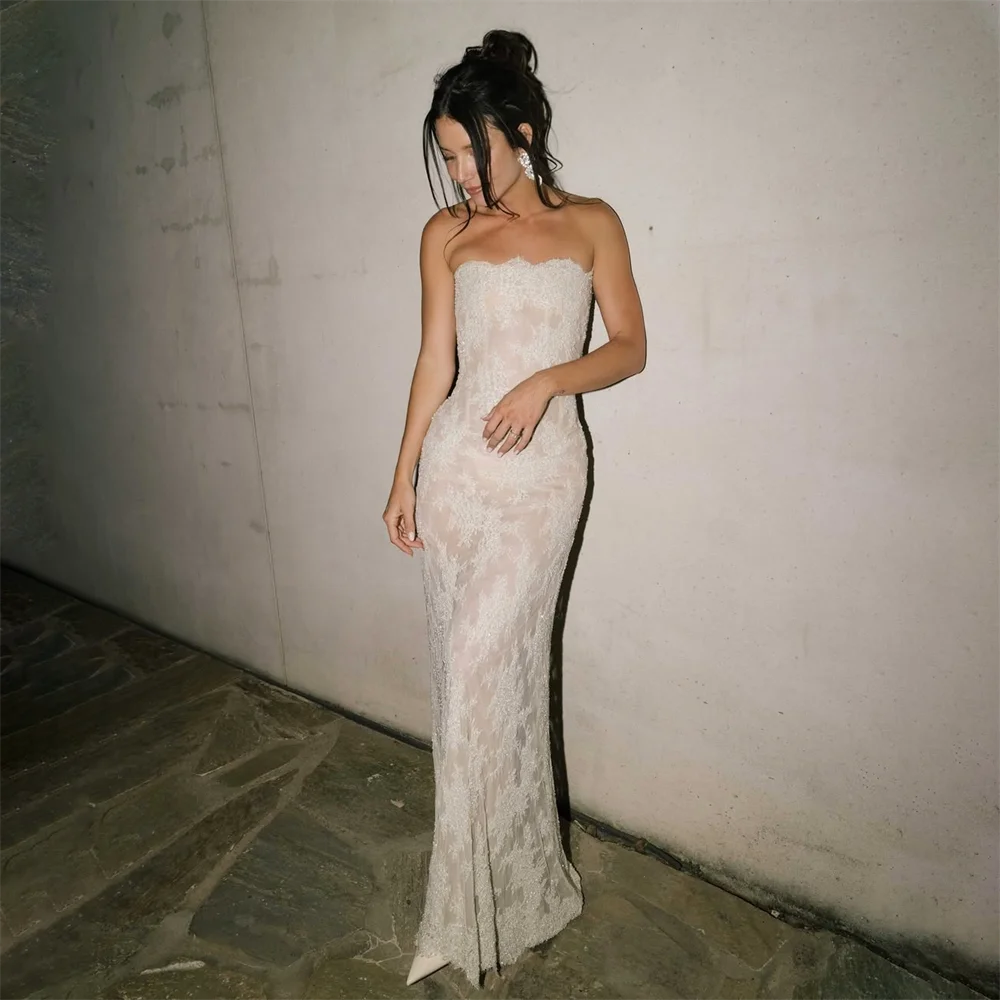 Luxury Lace Sheath Wedding Dress Charming Beaded Strapless Customize For Sophisticated Celebration Party Gown Robe De Mariée