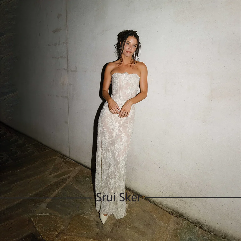 Luxury Lace Sheath Wedding Dress Charming Beaded Strapless Customize For Sophisticated Celebration Party Gown Robe De Mariée
