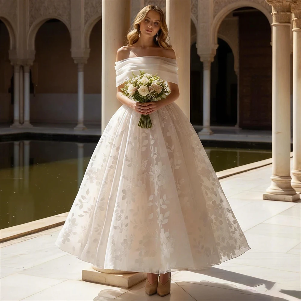 Rebecca Customized Strapless Lace-Up A-Line Wedding Dress Detachable Shawl Vestidos De Novia Ankle-Length Vestido De Novia Boda