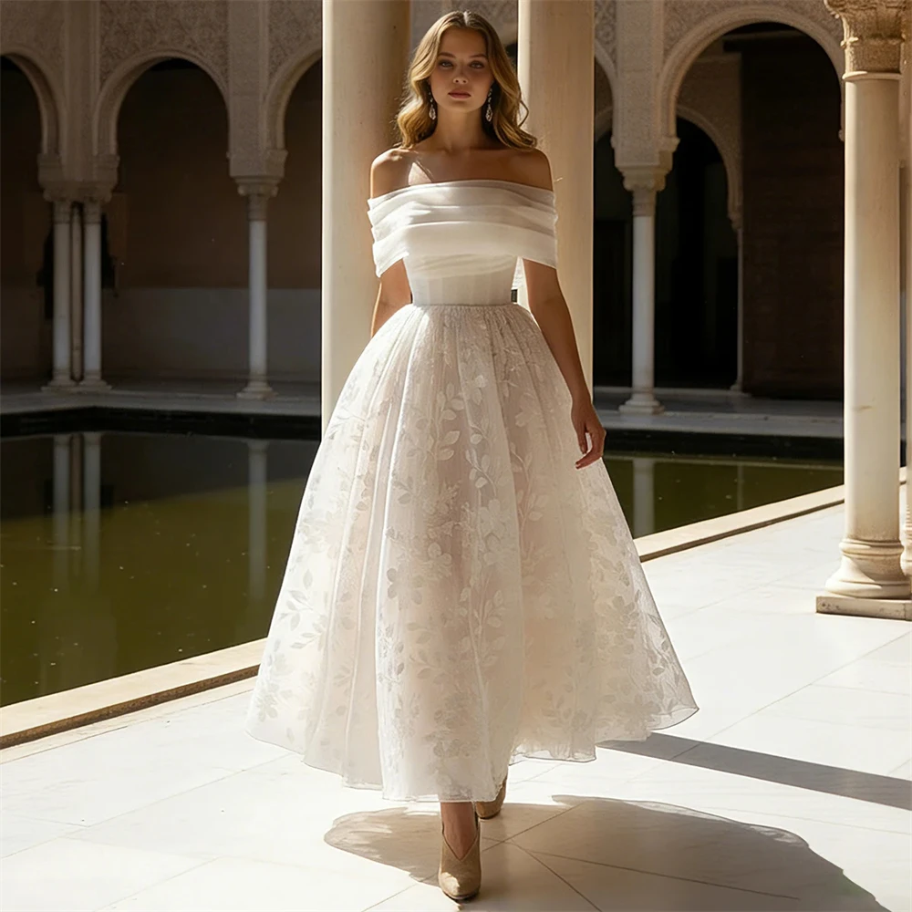 Rebecca Customized Strapless Lace-Up A-Line Wedding Dress Detachable Shawl Vestidos De Novia Ankle-Length Vestido De Novia Boda