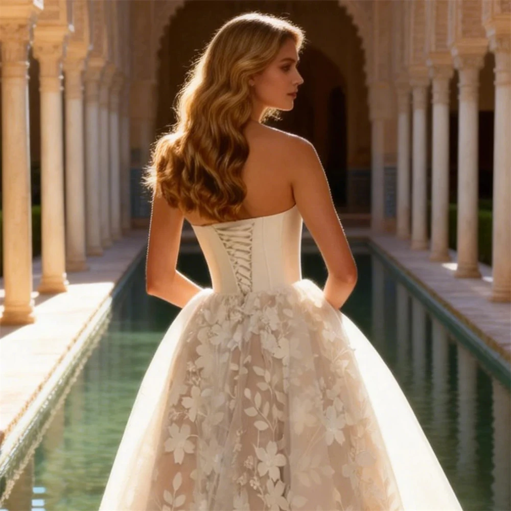 Rebecca Customized Strapless Lace-Up A-Line Wedding Dress Detachable Shawl Vestidos De Novia Ankle-Length Vestido De Novia Boda