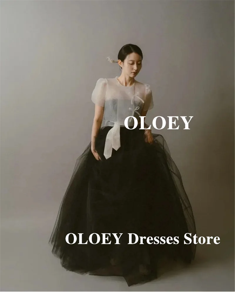 OLOEY Vintage 2 pcs Black And White Wedding Dresses Korea Photo shoot Hanbok Soft Tulle Bride Gowns Customized Formal Occasion