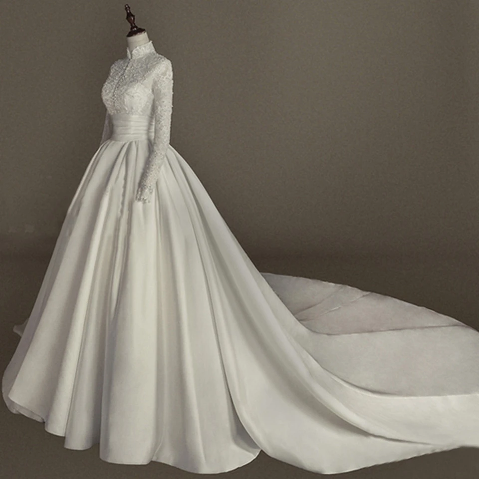 Customized Muslim Elegant High-Neck Appliques Long Sleeves White Wedding Dress 2026 Ball Gown Floor Length Sweep Bridal Gown