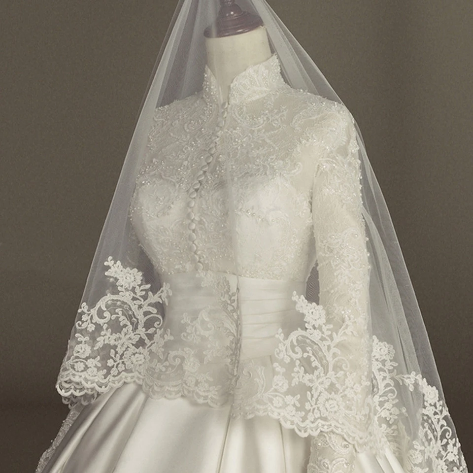 Customized Muslim Elegant High-Neck Appliques Long Sleeves White Wedding Dress 2026 Ball Gown Floor Length Sweep Bridal Gown
