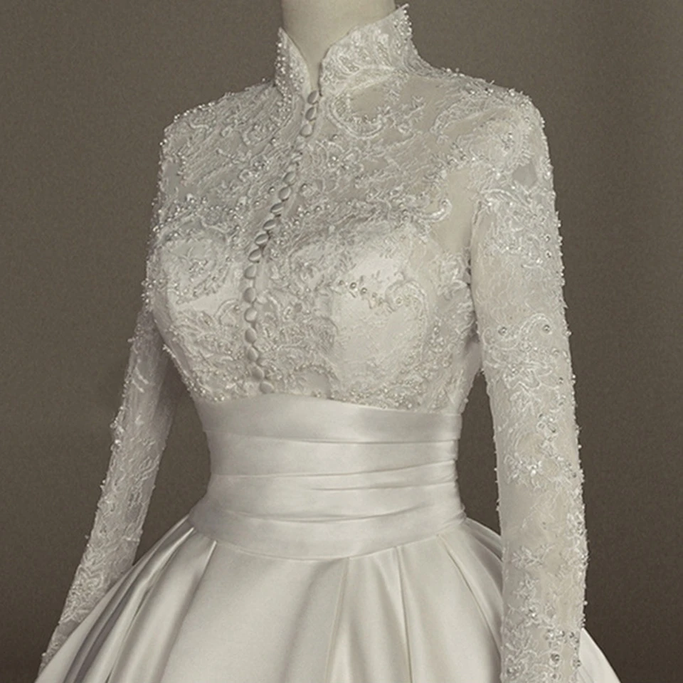 Customized Muslim Elegant High-Neck Appliques Long Sleeves White Wedding Dress 2026 Ball Gown Floor Length Sweep Bridal Gown