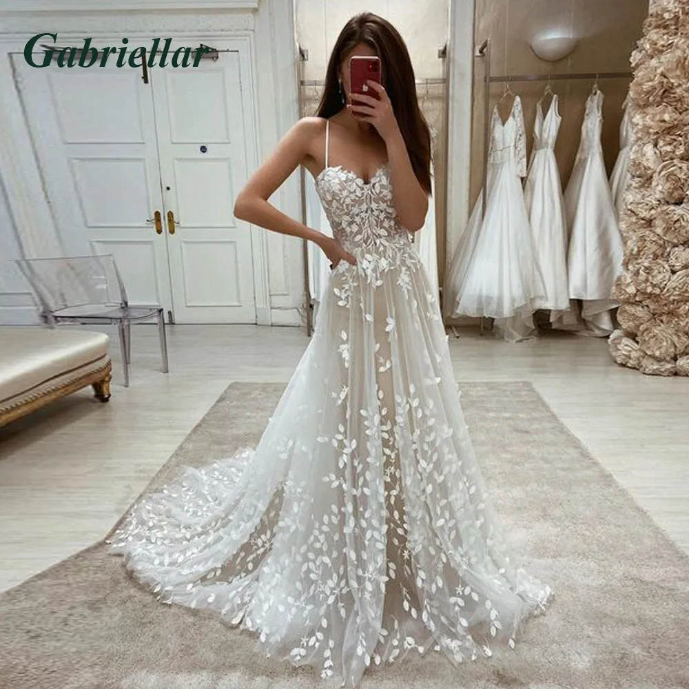 Gabriellar Attractive Strapless Wedding Dress for Bride A-line Satin Lace Appliques Chapel Train Vestidos De Novia Customized