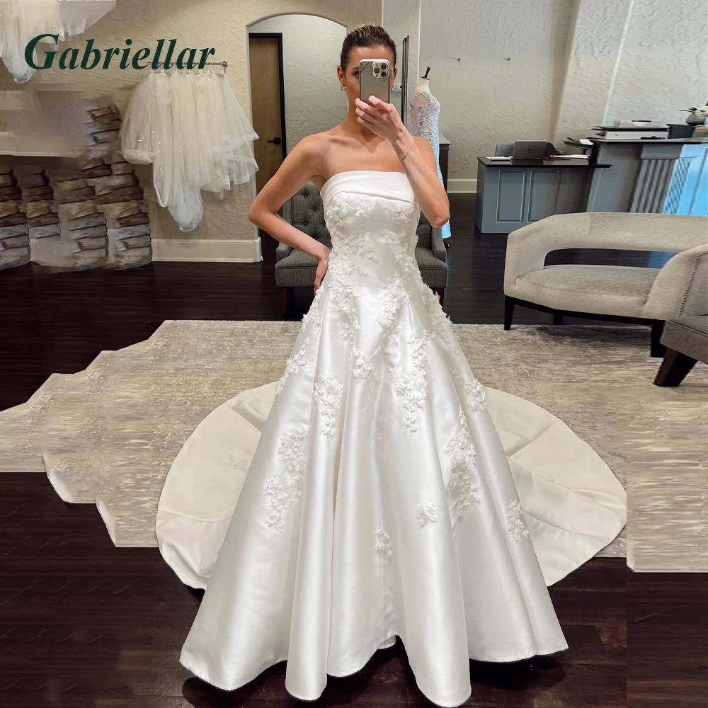 Gabriellar Attractive Strapless Wedding Dress for Bride A-line Satin Lace Appliques Chapel Train Vestidos De Novia Customized