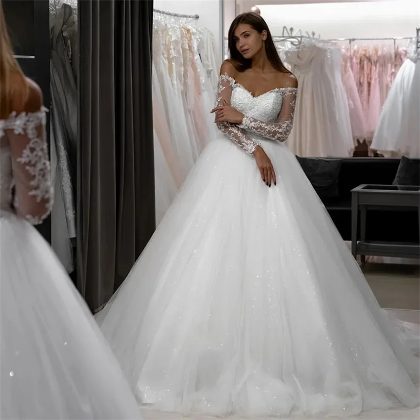 Customized Sparkly Sequins Wedding Dresses Sweetheart Long Sleeves Bridal Gowns Princess A Line Bride Dress Vestido De Novia