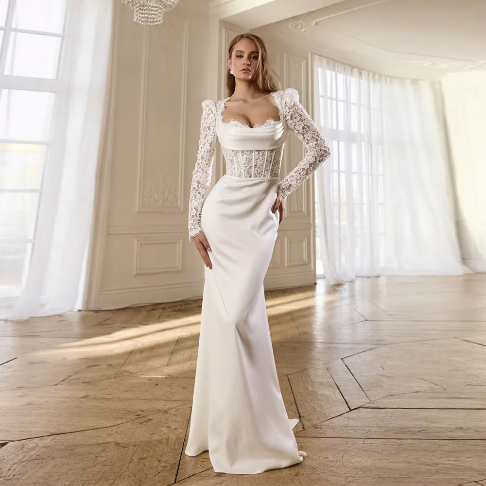 Customized Unique Mermaid Wedding Dress Sweetheart Long Sleeves Pleat Sequined Lace Trumpet Bridal Gown Robes De Mariée