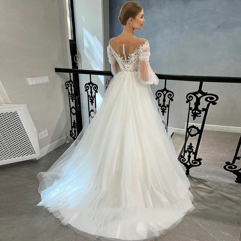 Customized A Line Women Wedding Dresses Tulle Appliques Puff Sleeves Bridal Gowns Court Train Vestido De Noiva robe de mariée
