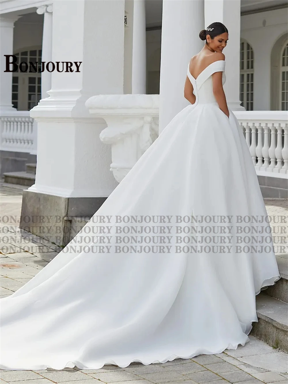 BONJOURY Simple V-neckline Wedding Dress for Woman Bride Satin Pockets Chapel Train Button Vestido De Casamento Drop Shipping