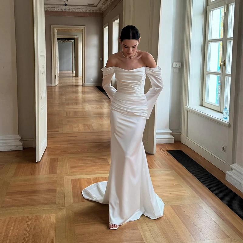Eightree 2025 Mermaid Princess Wedding Dresses White Long Sleeve Satin Bridal Dress Women Wedding Ball Prom Gowns Customized
