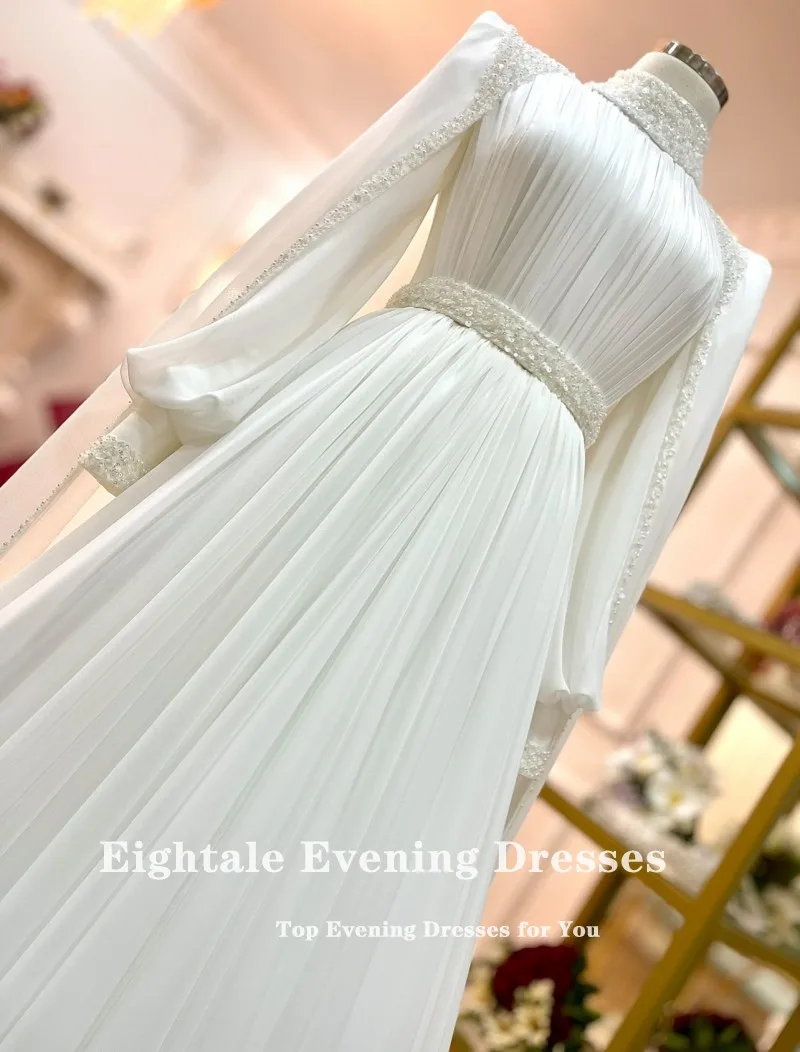 Eightale Arabic Wedding Dress High Neck Customized Ivory Bridal Gown Long Sleeves Muslim A-Line Sequin Bride Party Dress