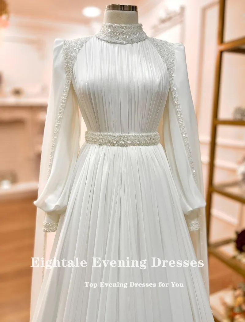 Eightale Arabic Wedding Dress High Neck Customized Ivory Bridal Gown Long Sleeves Muslim A-Line Sequin Bride Party Dress