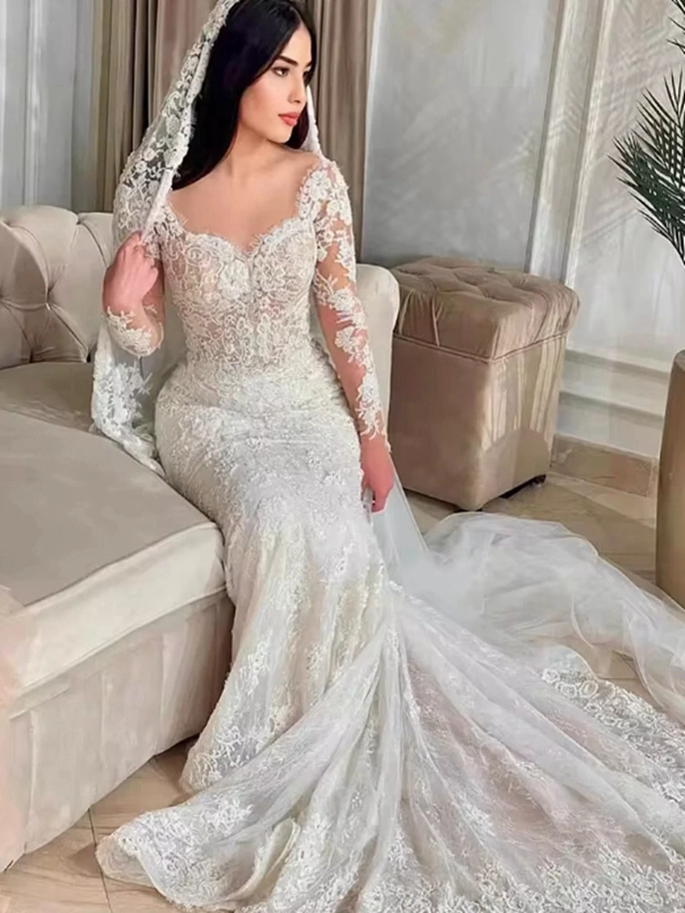 Customized Sexy Mermaid Wedding Dresses Lace Appliques Full Sleeves Sweetheart Detachable Train Bridal Gowns Vestidos De Novia