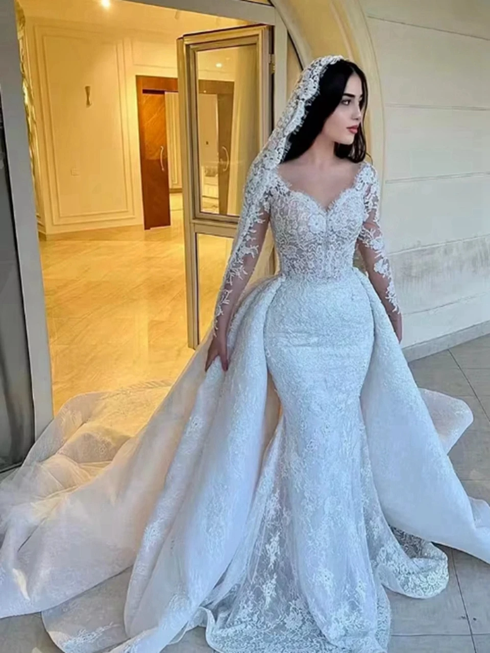 Customized Sexy Mermaid Wedding Dresses Lace Appliques Full Sleeves Sweetheart Detachable Train Bridal Gowns Vestidos De Novia
