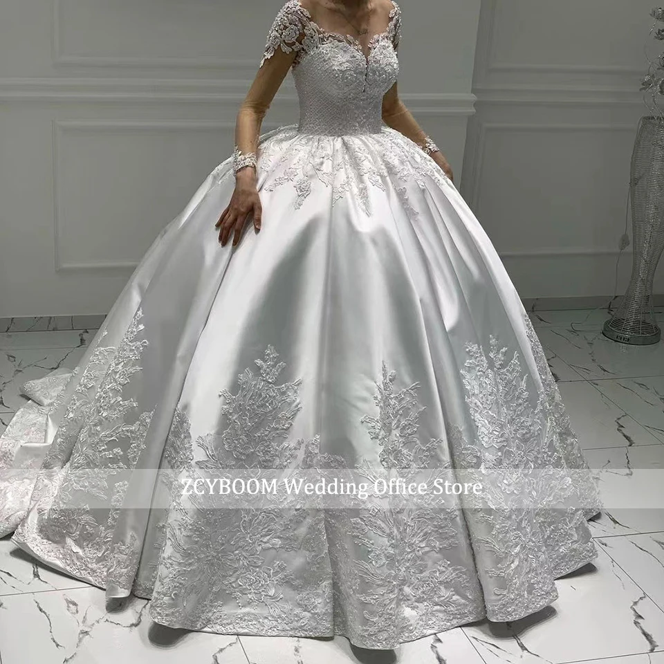 Customized Satin Ball Gown Long Sleeves Wedding Dress 2026 Princess Lace Appliques Pearl Beaded Bride Gown Vestido De Novia